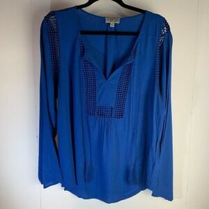 Joseph A Womens Crinkle Blouse Crochet Detail‎ Top Blue Size Large